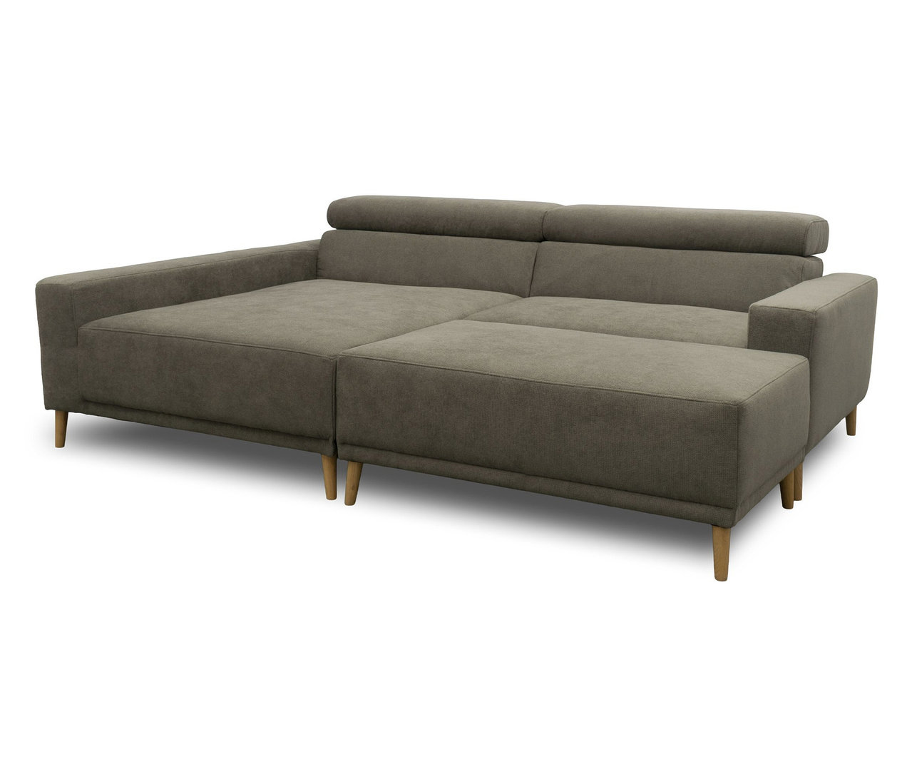 DOMO Eck-Schlafsofa "Malmö" in Grau mit Longchair links und holzfarbenen Füßen.