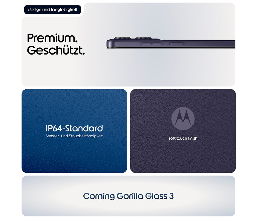 Detailansicht des Motorola moto g17 LTE 128GB in Evening Blue, mit Fokus auf Design, IP64-Standard und Corning Gorilla Glass 3.