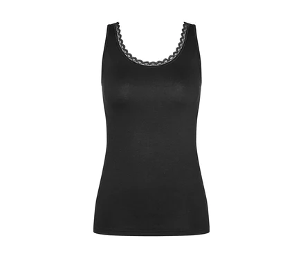 Schwarzes Triumph Feel Of Cotton Tank-Top mit Spitzenbesatz am Ausschnitt und an den Armausschnitten.