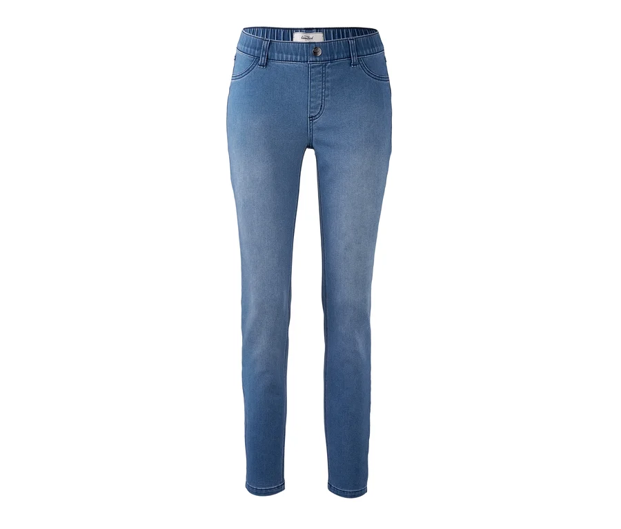 Eine blaue Jeggings auf einem weißen Hintergrund.