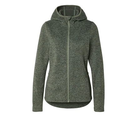 Eine melierte, grüne Fleecejacke mit Kapuze und durchgehendem Reißverschluss.