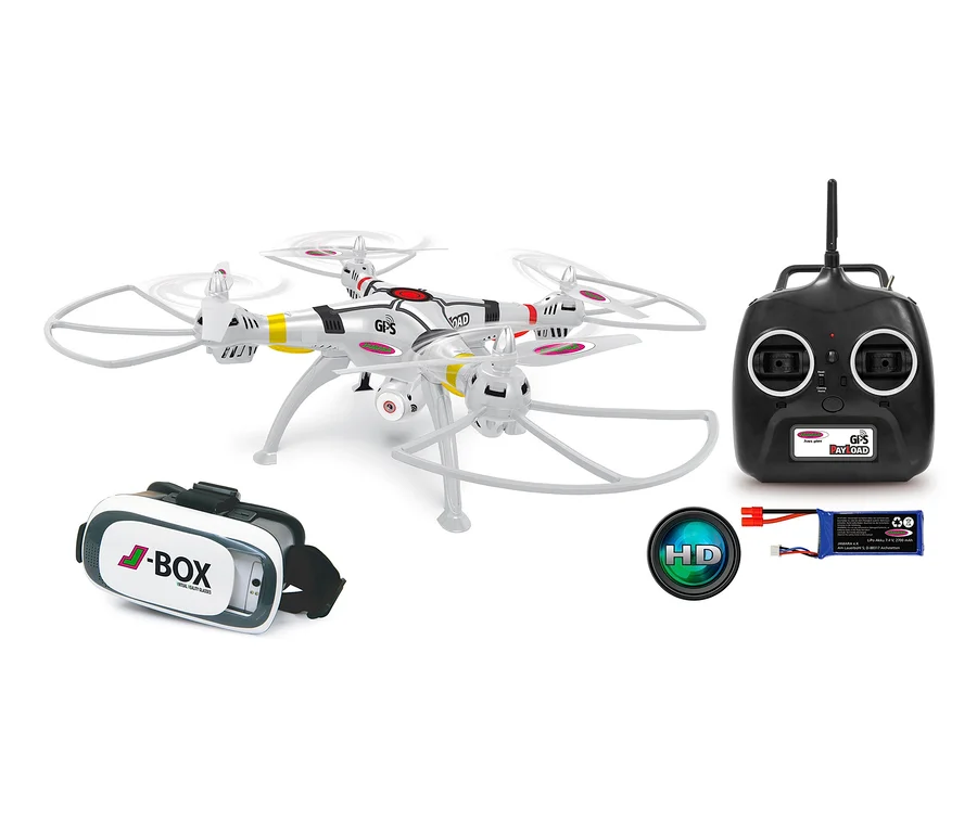 Auf einem weißen Hintergrund sind ein weißer Quadrocopter, eine Steuerung, eine VR-Brille und eine Batterie abgebildet.