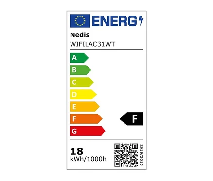 EU-Energielabel für Nedis WIFILAC31WT, Energieeffizienzklasse F, mit einem Verbrauch von 18 kWh/1000h.