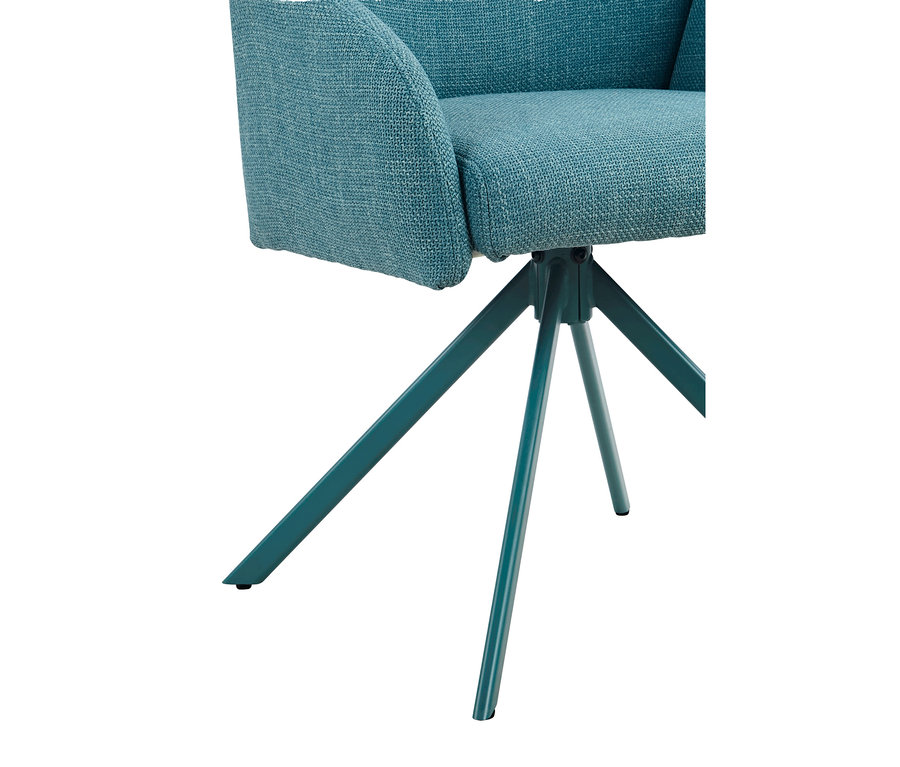Nahaufnahme eines teal-farbenen, stoffbezogenen Stuhls mit einer teal-farbenen Metallbasis und gespreizten Beinen.