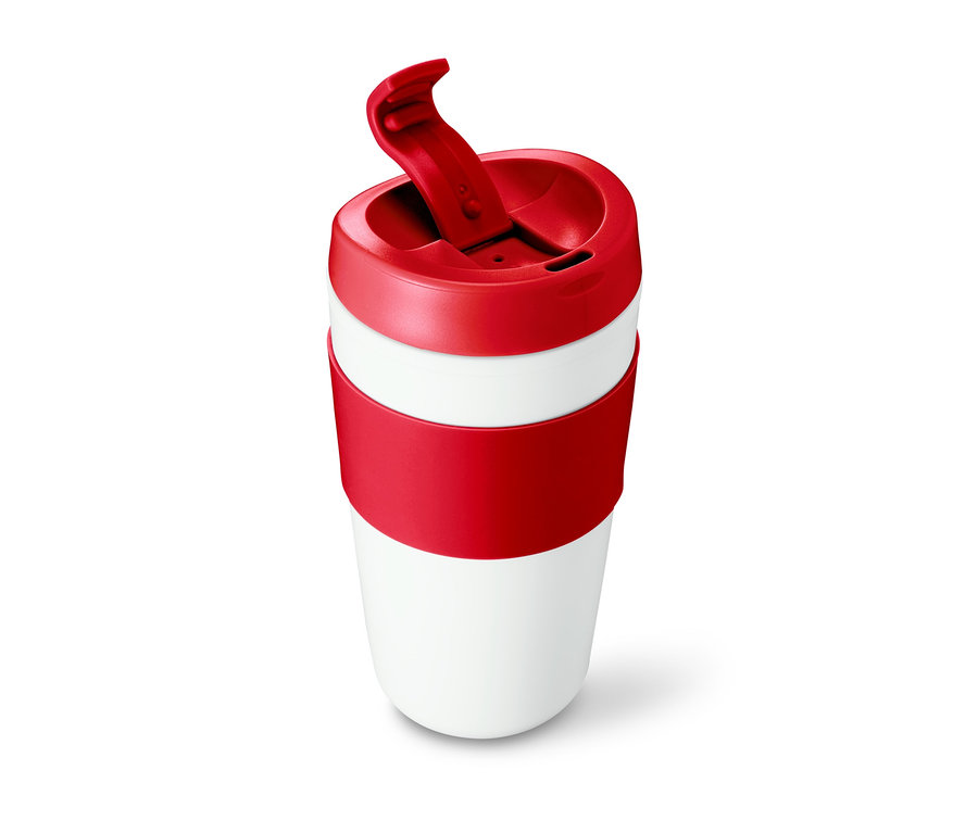 Weißer Coffee-to-go-Becher mit rotem Deckel und rotem Band in der Mitte.