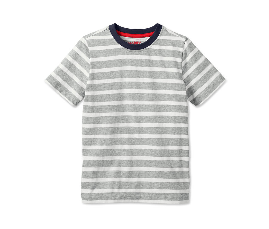 Gestreifter Jungen-Shorty-Pyjama mit kurzen Ärmeln und dunkelblauem Halsausschnitt.