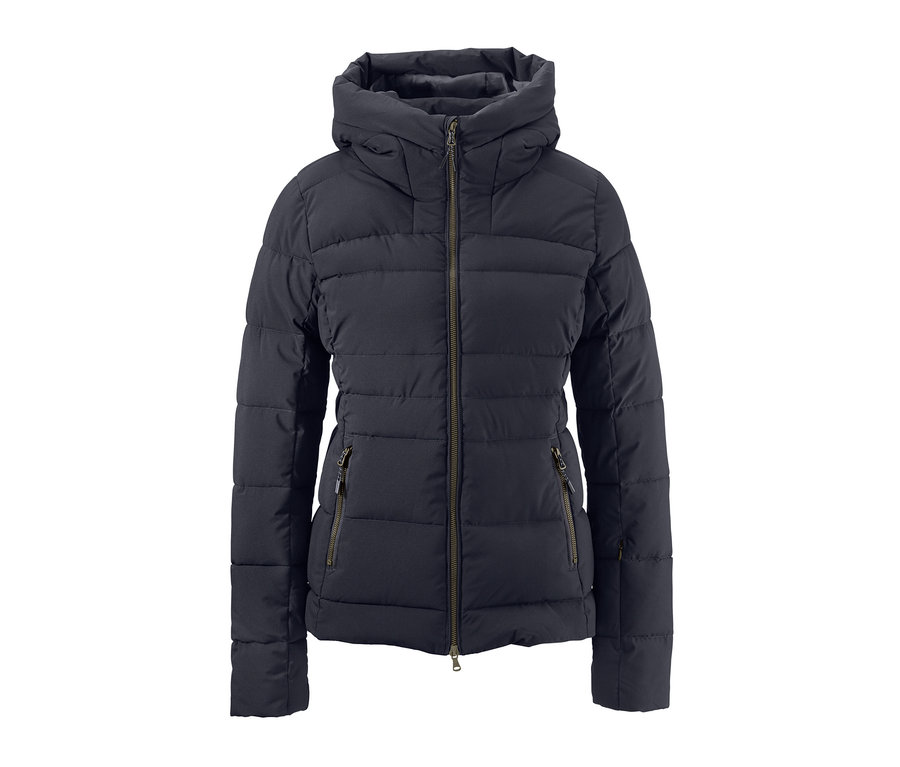 Marineblaue Ski-Steppjacke mit Kapuze und Reißverschluss.