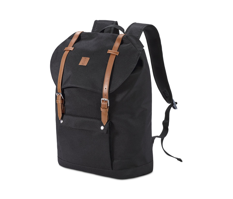 Schwarzer Heritage-Rucksack mit braunen Lederriemen.