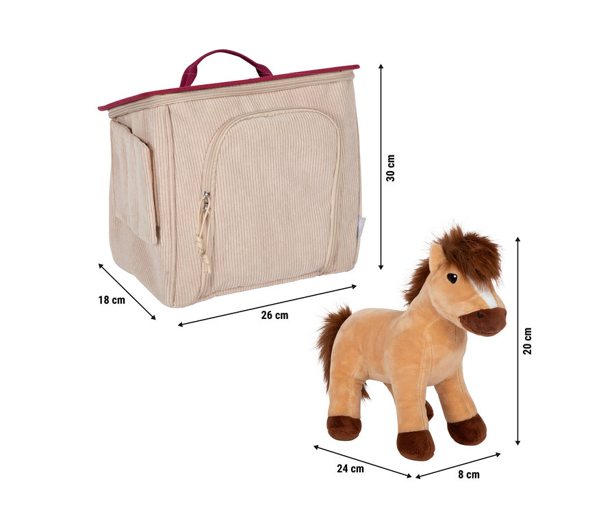 Eine beige gestreifte Tasche mit weinroten Details und ein braunes Plüschpferd. Die Maße sind dargestellt.