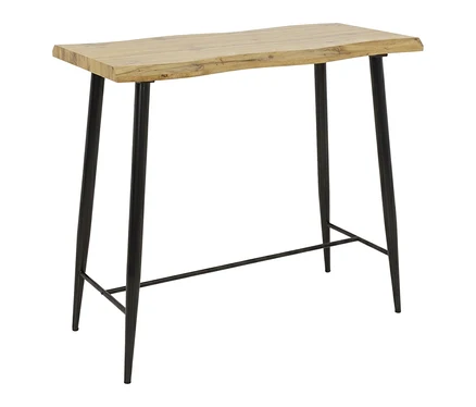 Hela Bartisch mit Baumkante "Gabi I" mit heller Wildeiche-Nachbildung-Platte und vier schwarzen Metallbeinen, die durch eine Stange verbunden sind.