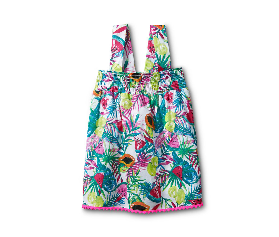 Weisses Top mit Fruchtprint und Bommeln.