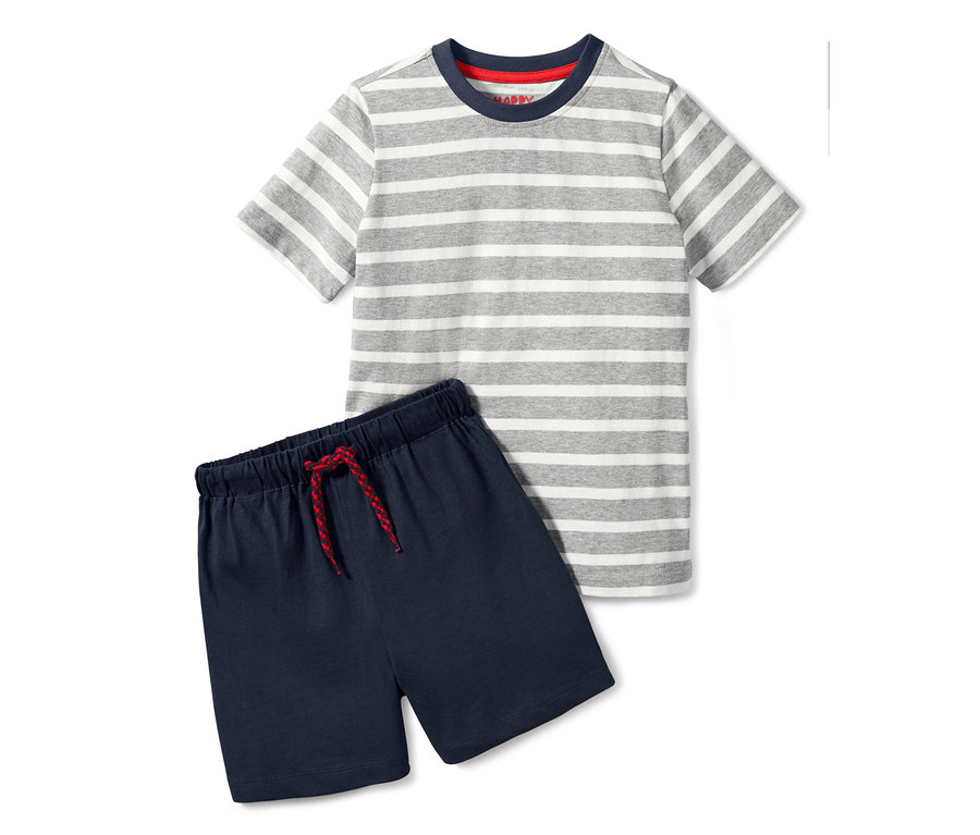 Jungen-Shorty-Pyjama mit grau-weiß gestreiftem T-Shirt und dunkelblauen Shorts.