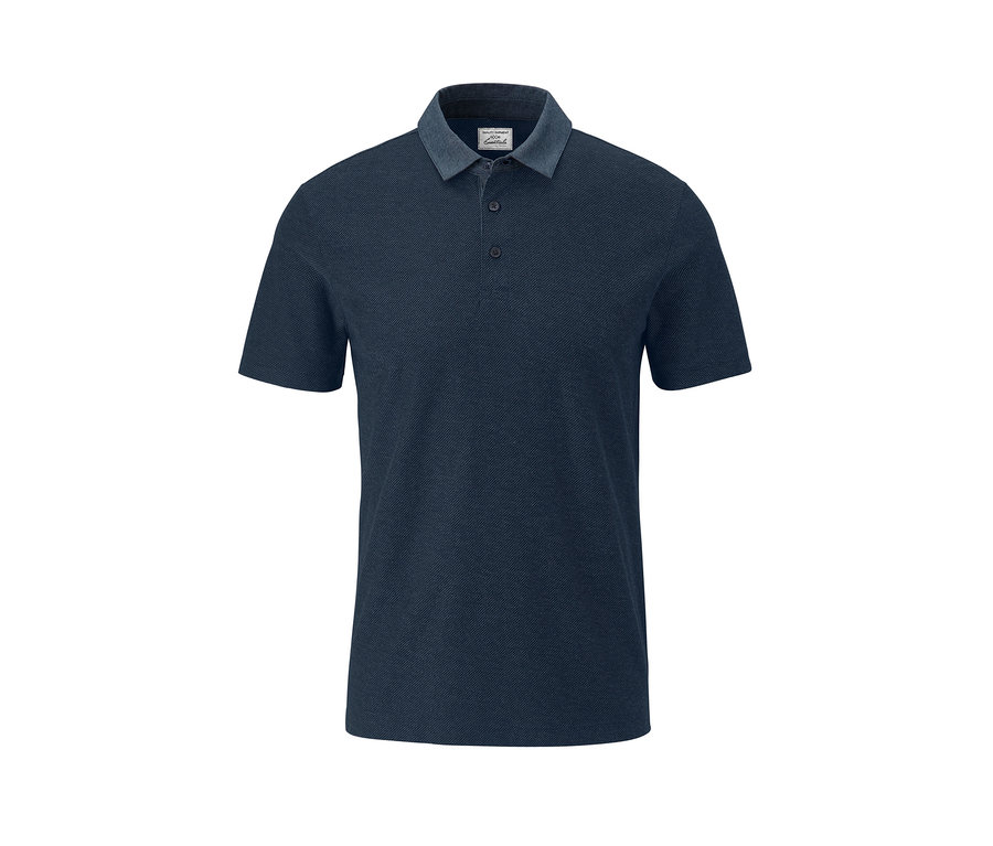 Dunkelblaues Jacquard-Poloshirt mit kurzen Ärmeln und grauem Kragen.