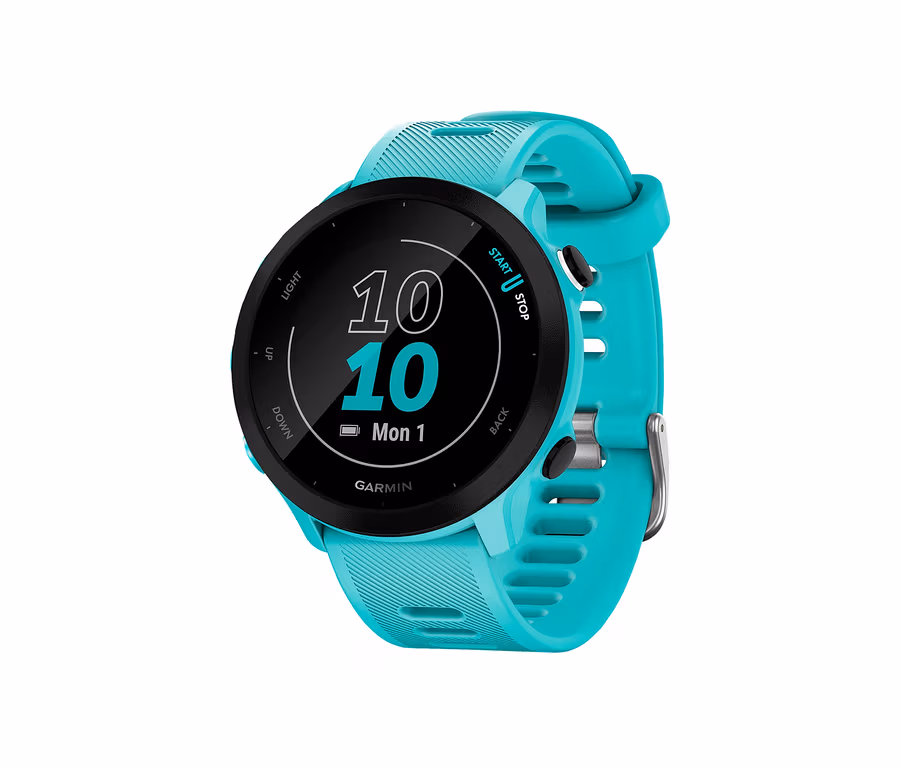 Nahaufnahme einer türkisfarbenen GARMIN Forerunner 55 mit schwarzem Zifferblatt.