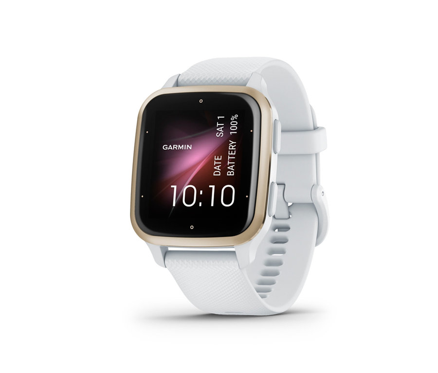 Detailaufnahme einer goldenen Garmin Venu SQ2 mit weißem Armband.