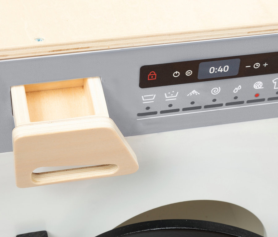 Detailansicht der small foot Kinderküche modular XL mit ausziehbarer Schublade und Bedienfeld.