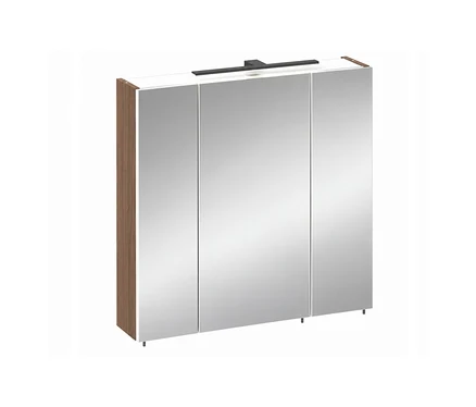 Dreitüriger Spiegelschrank mit Holzoptik-Seiten und einer schwarzen Leuchte oben.