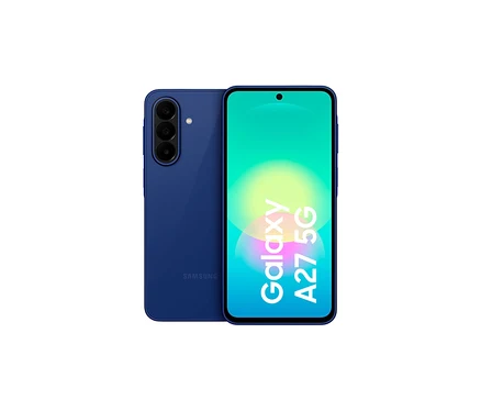 Blaues Samsung Galaxy A27 5G Smartphone, von vorne und hinten leicht angewinkelt gezeigt. Die Rückseite hat drei Kameras, der Bildschirm zeigt "Galaxy A27 5G".