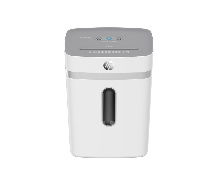 Weißer HP-Aktenvernichter »OneShred 12CC« mit grauer Oberseite und Sichtfenster.