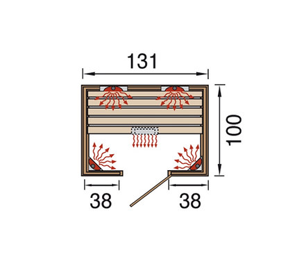 Grundriss der WEKA-Infrarotkabine mit 5 Keramikstrahlern, ca. 130 x 100.