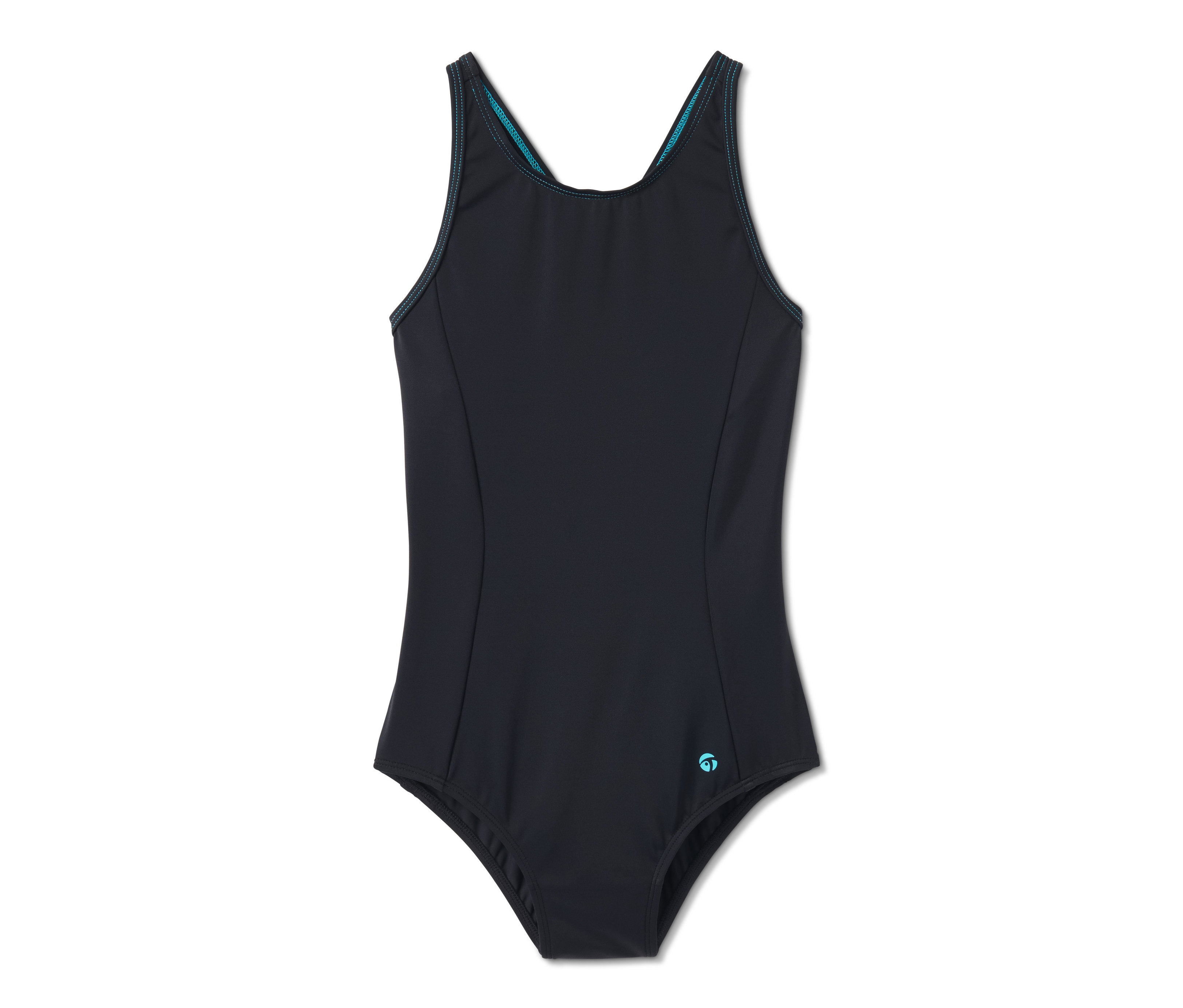 Schwarzer Sportbadeanzug mit recyceltem Material.