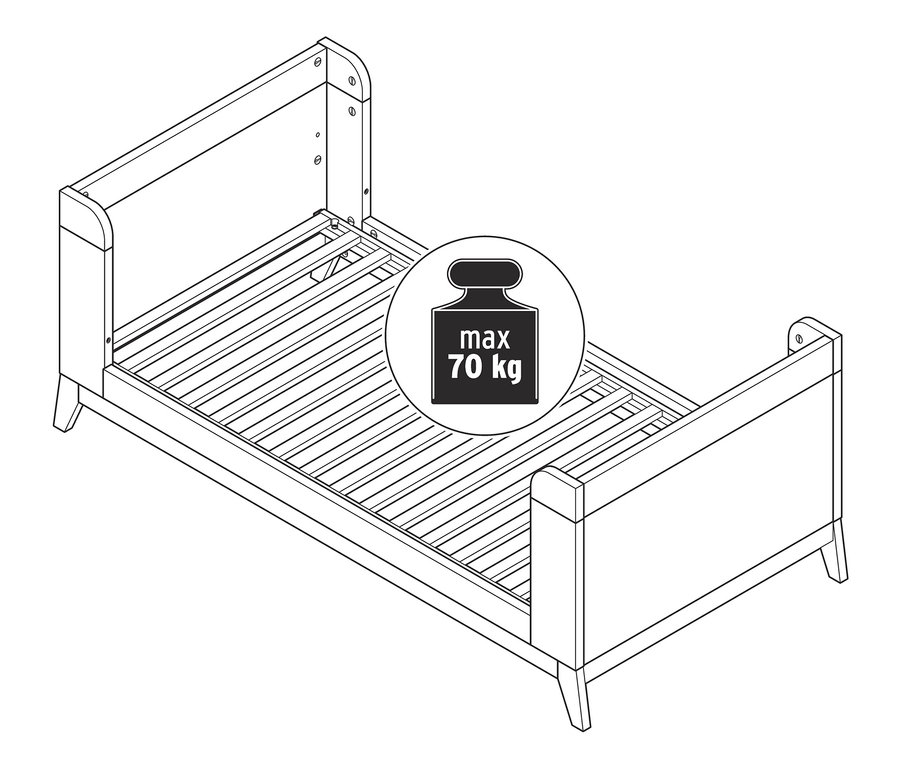 Eine Skizze eines Baby- und Kleinkindbetts mit einem Maximalgewicht von 70 kg.