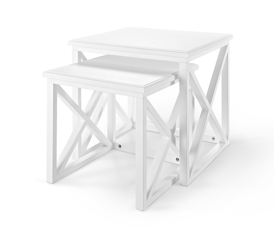 Zwei weiße Beistelltische, einer unter dem anderen.