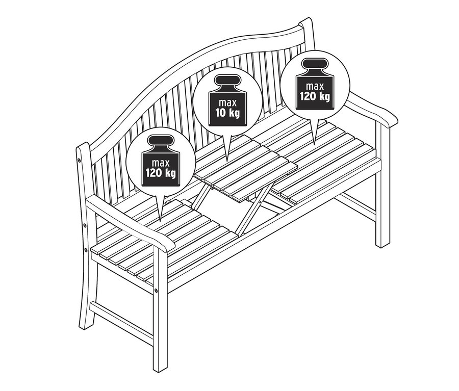 Eine Zeichnung einer Gartenbank »Lenja« mit hochklappbarem Tabletttisch und einem maximalen Gewicht von 120 kg.