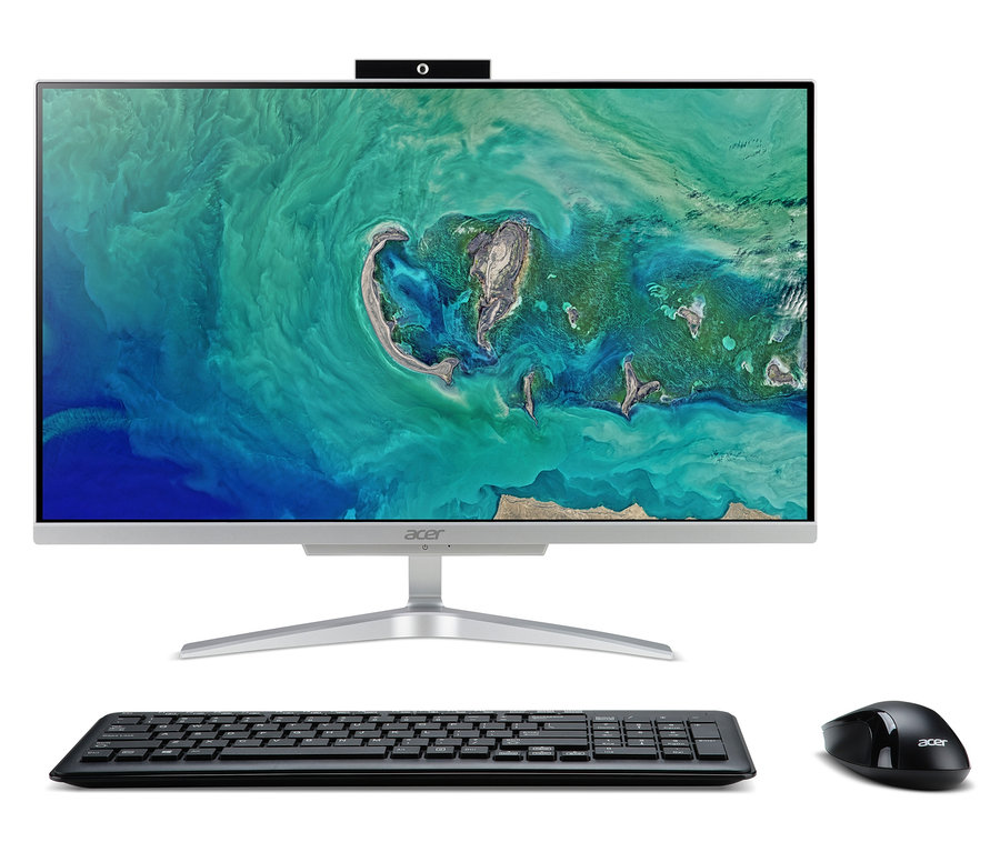 Ein silberner Acer All-in-One PC mit Tastatur und Maus.