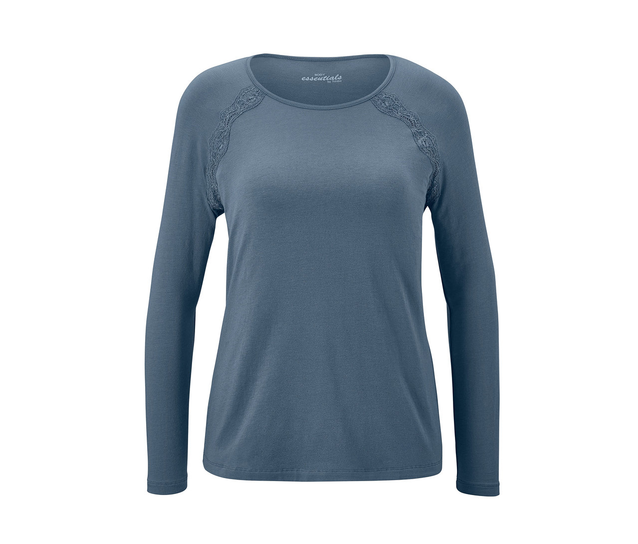 Blauer Pyjama mit Spitze.