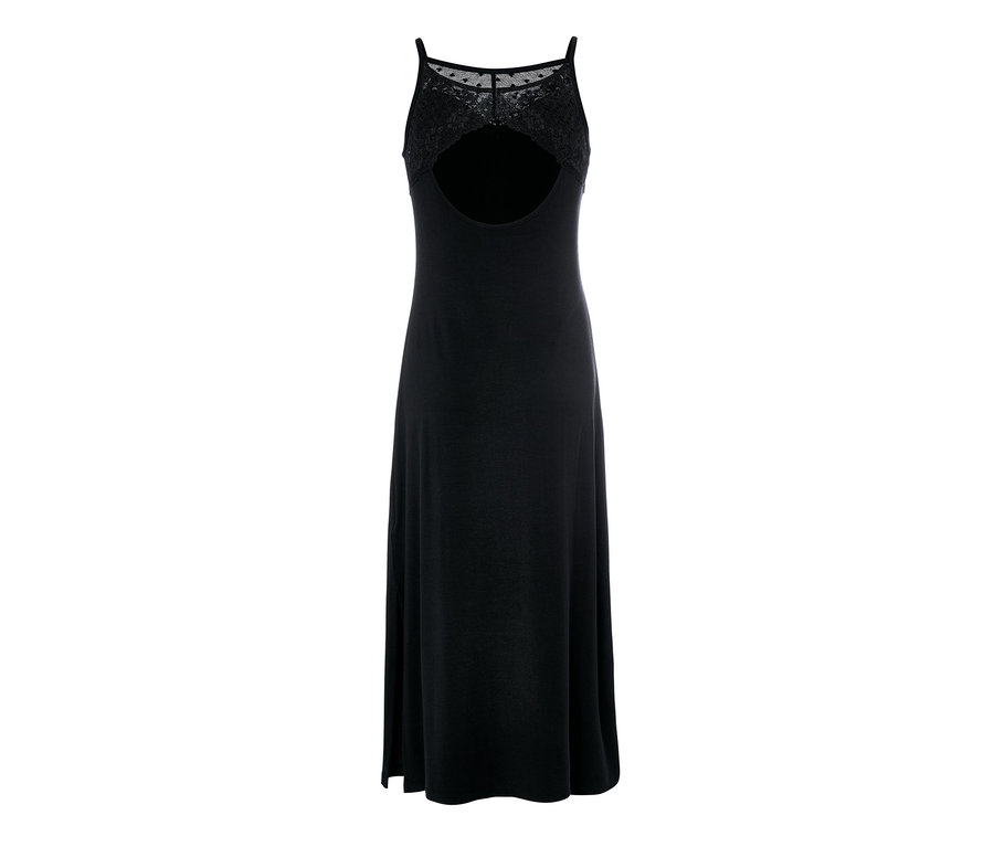 Schwarzes Negligé Nachthemd mit Spitzeneinsatz und offenem Rücken.