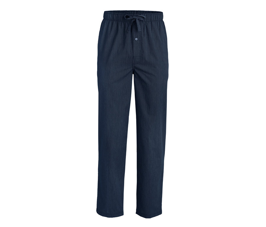 Eine marineblaue Pyjamahose mit Knopf und Kordelzug.