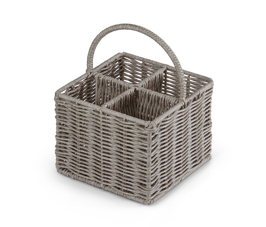 Ein grauer Besteckkorb mit vier Fächern und einem Griff.