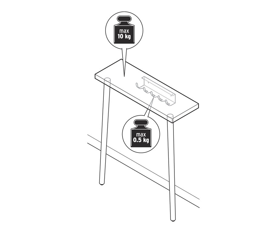 Eine Strichzeichnung eines Konsolentisch zum Anlehnen mit Haken zum Aufhängen und einer maximalen Belastung von 10 kg.