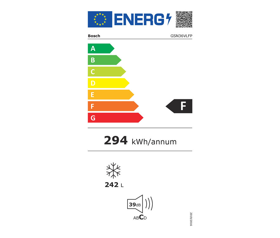 Energieetikett des Bosch-Gefrierschranks »GSN36VLFP«, F (von A bis G), ca. 242 Liter, 294 kWh/annum, 39 dB.