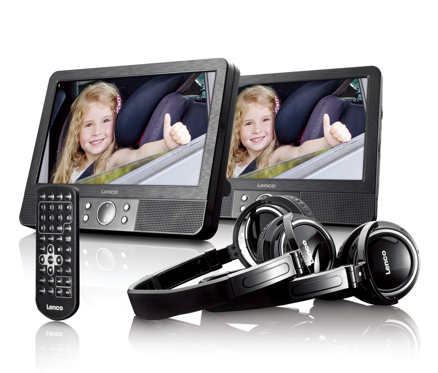 Zwei Lenco portable DVD-Player, zwei Kopfhörer und eine Fernbedienung.