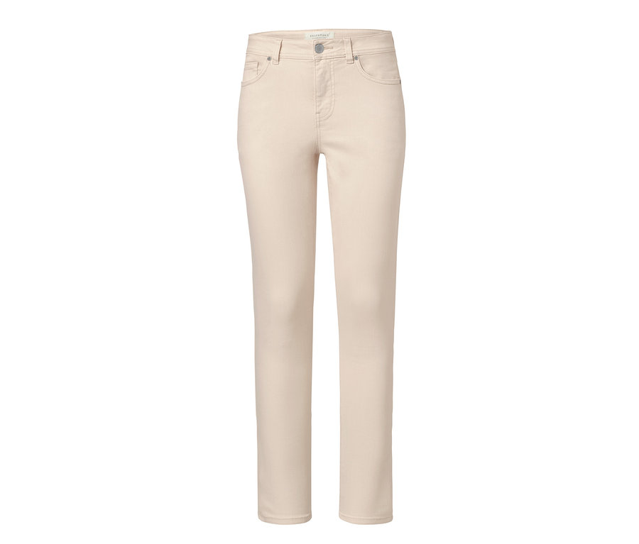 Eine beige Skinny Jeans auf weißem Hintergrund.
