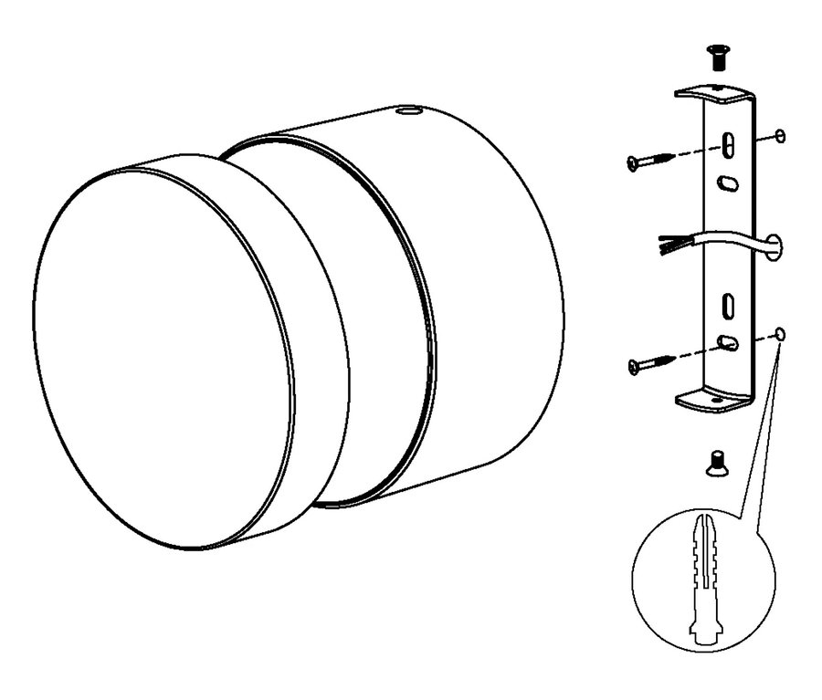 Skizze der Eglo LED-Outdoor-Wandleuchte »Melzo« und Montagematerial.