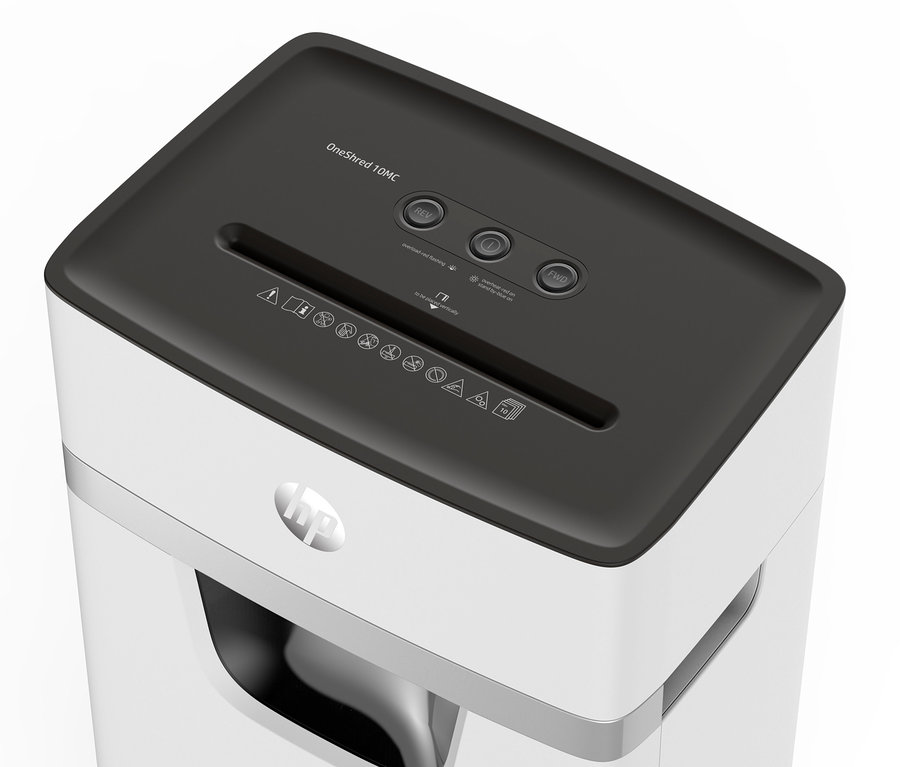 Detailaufnahme von oben des weißen HP OneShred 10MC Aktenvernichters mit schwarzer Oberseite.