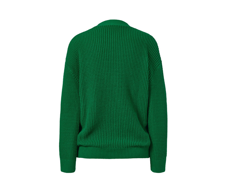 Rückansicht eines grünen Grobstrick-Cardigans.
