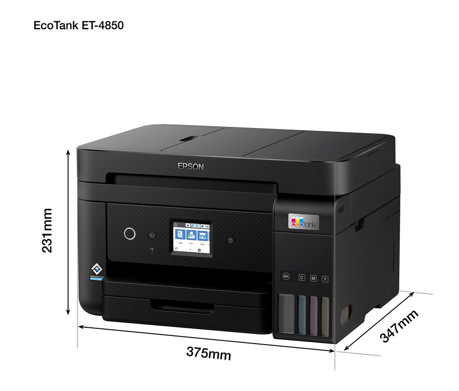 Abbildung eines schwarzen Epson EcoTank ET-4850 Multifunktionsdruckers mit Größenangaben.