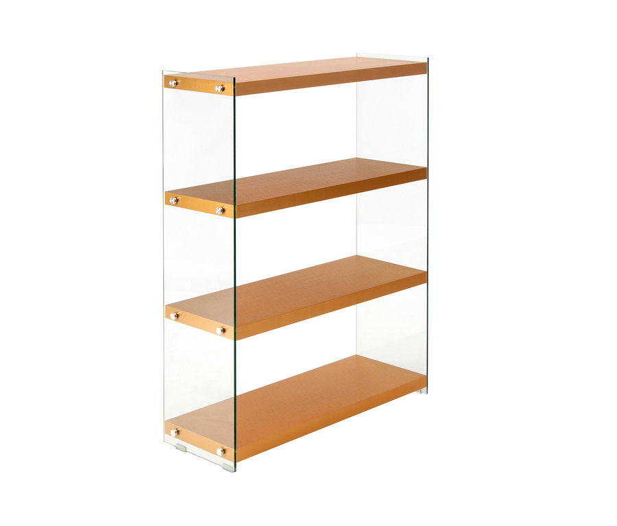 Ein vierstöckiges, freistehendes Regal mit Holzregalen und Glasscheiben. Zu sehen ist das Kayoom Standregal »Elementary 225« in goldfarben.