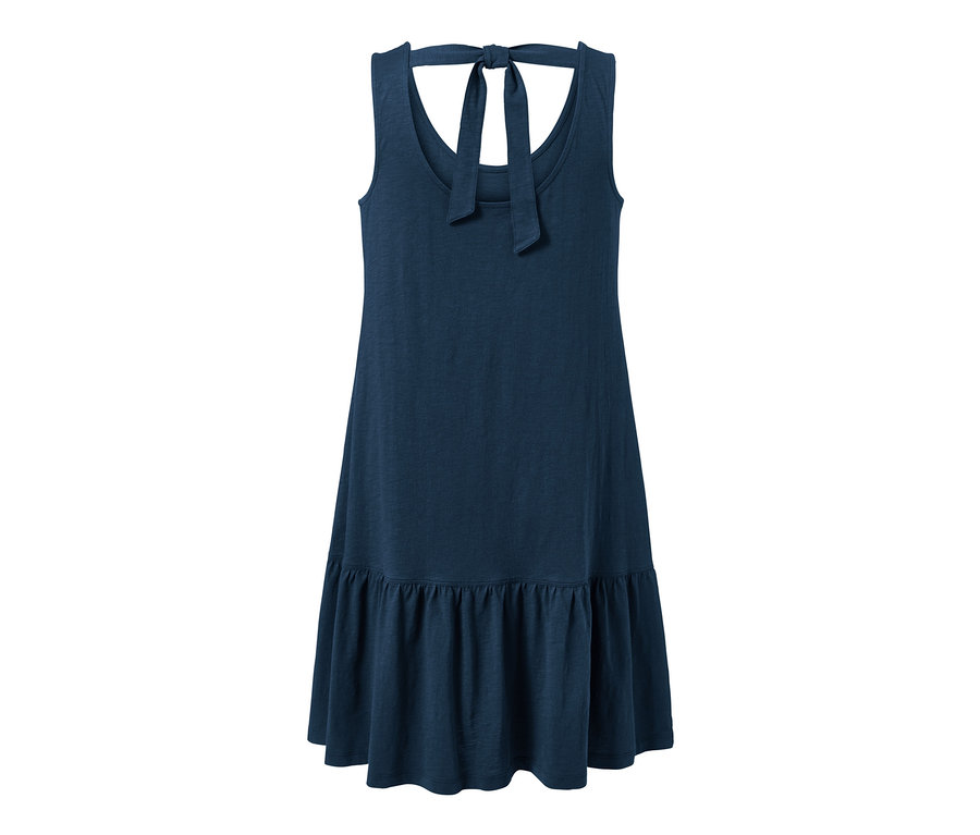 Dunkelblaues Jerseykleid mit Volant.