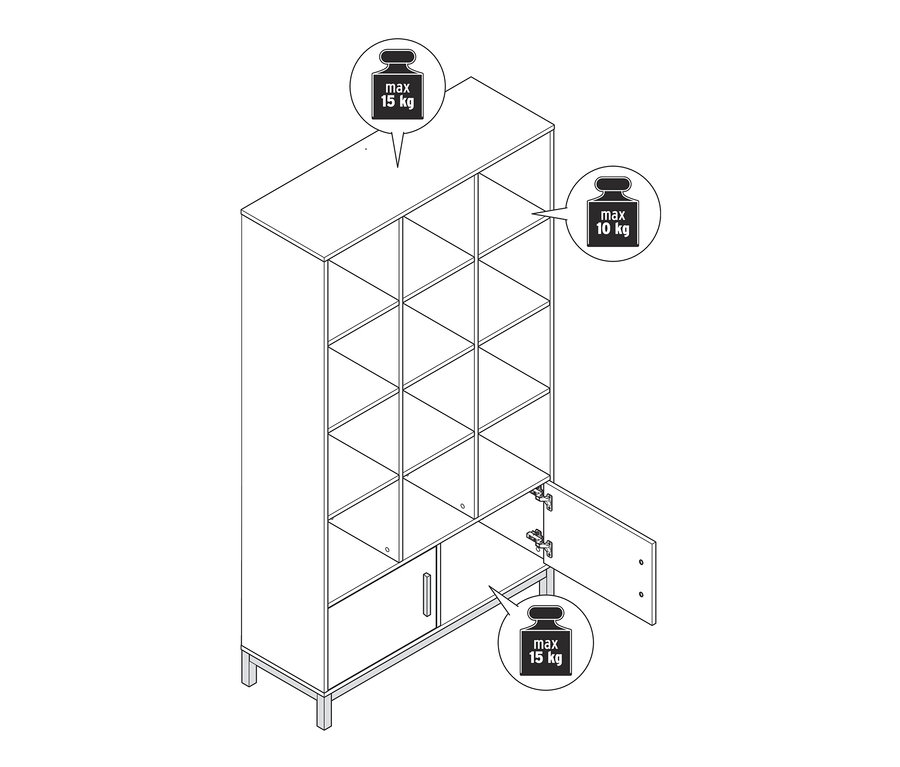 Zeichnung eines Bücherregals »Eklund« mit Türen, wobei eine Tür geöffnet ist.