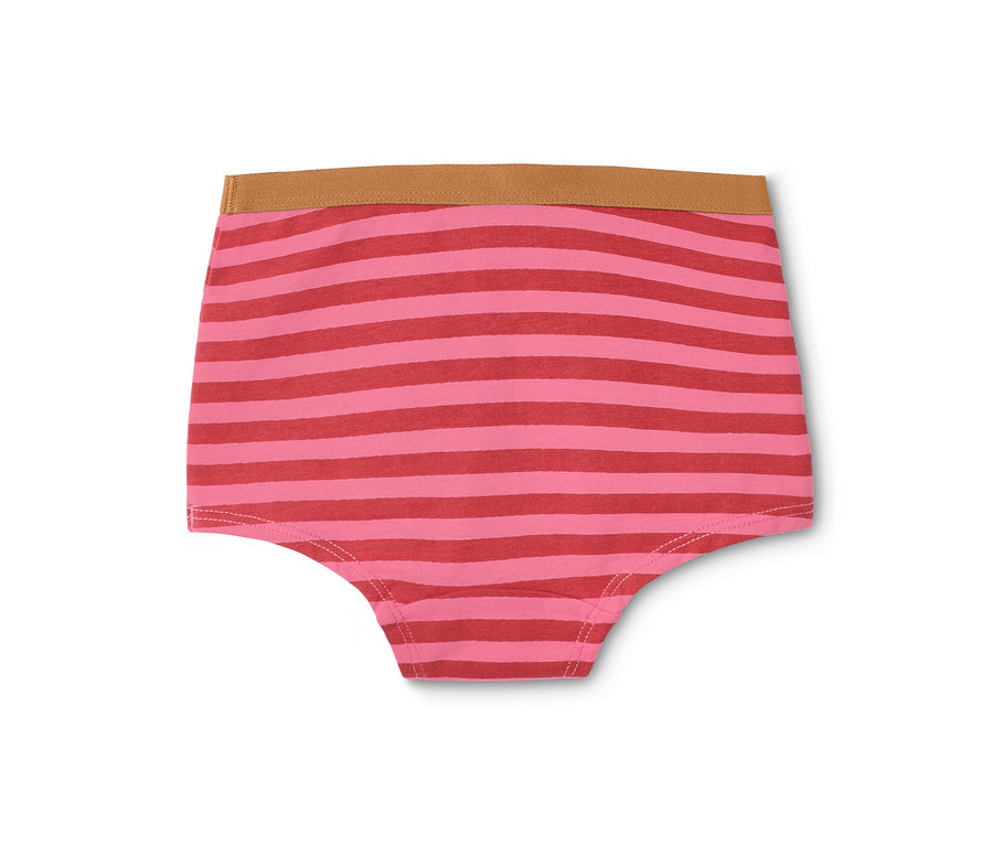 Nahaufnahme einer Kinder-Panty mit hellen und dunklen rosa horizontalen Streifen und einem braunen Bund.