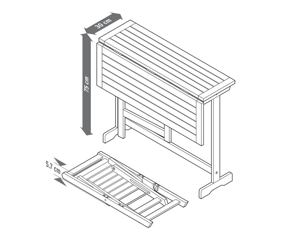 Eine Skizze des klappbaren Balkonsets Lenja, bestehend aus Tisch und Stühlen, wobei ein Stuhl zusammengeklappt ist.