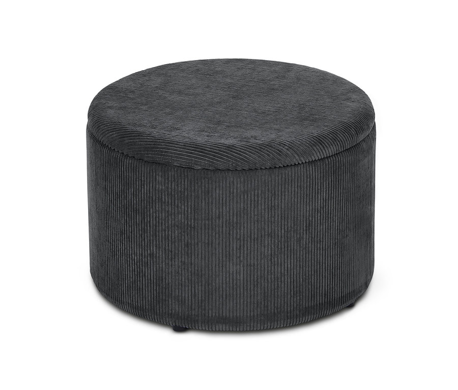 Ein grauer Sitzpouf mit Truhenfunktion.
