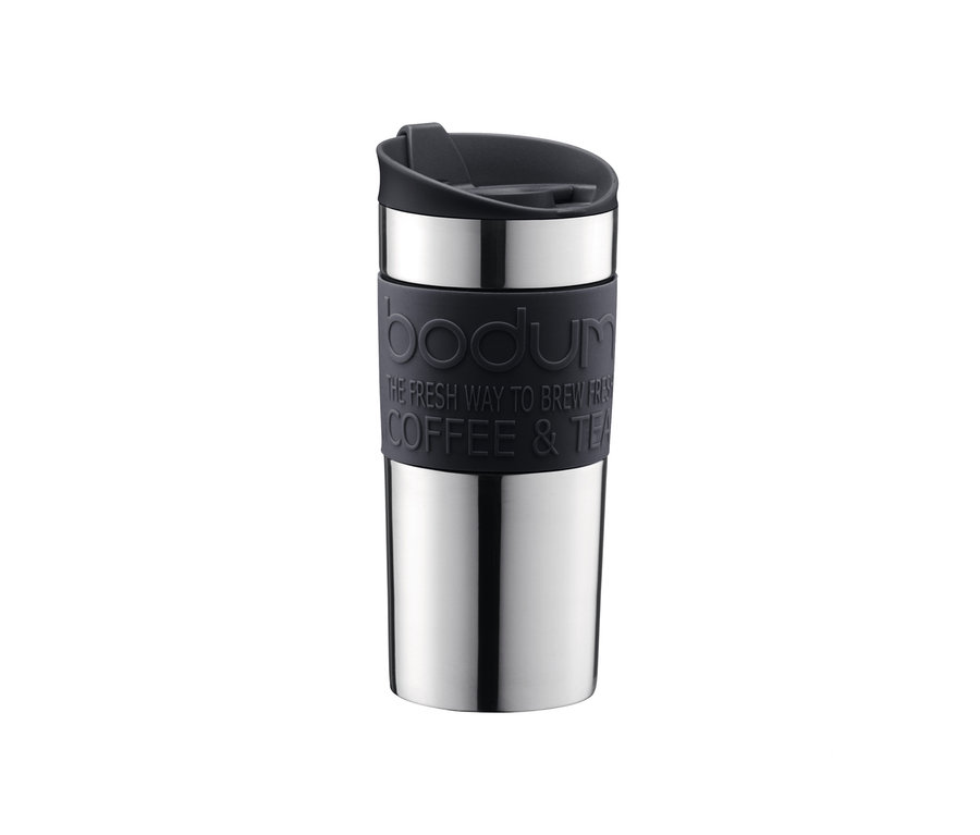 Doppelwandiger BODUM® Edelstahl-Kaffeebecher, ca. 0,35 l mit schwarzem Deckel.