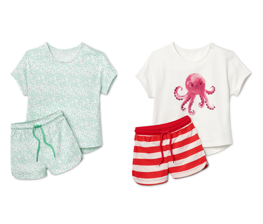 Zwei Baumwoll-Shorty-Pyjamas: Ein Set mit grünem Blättermuster, das andere mit einem rosa Oktopus-Motiv.