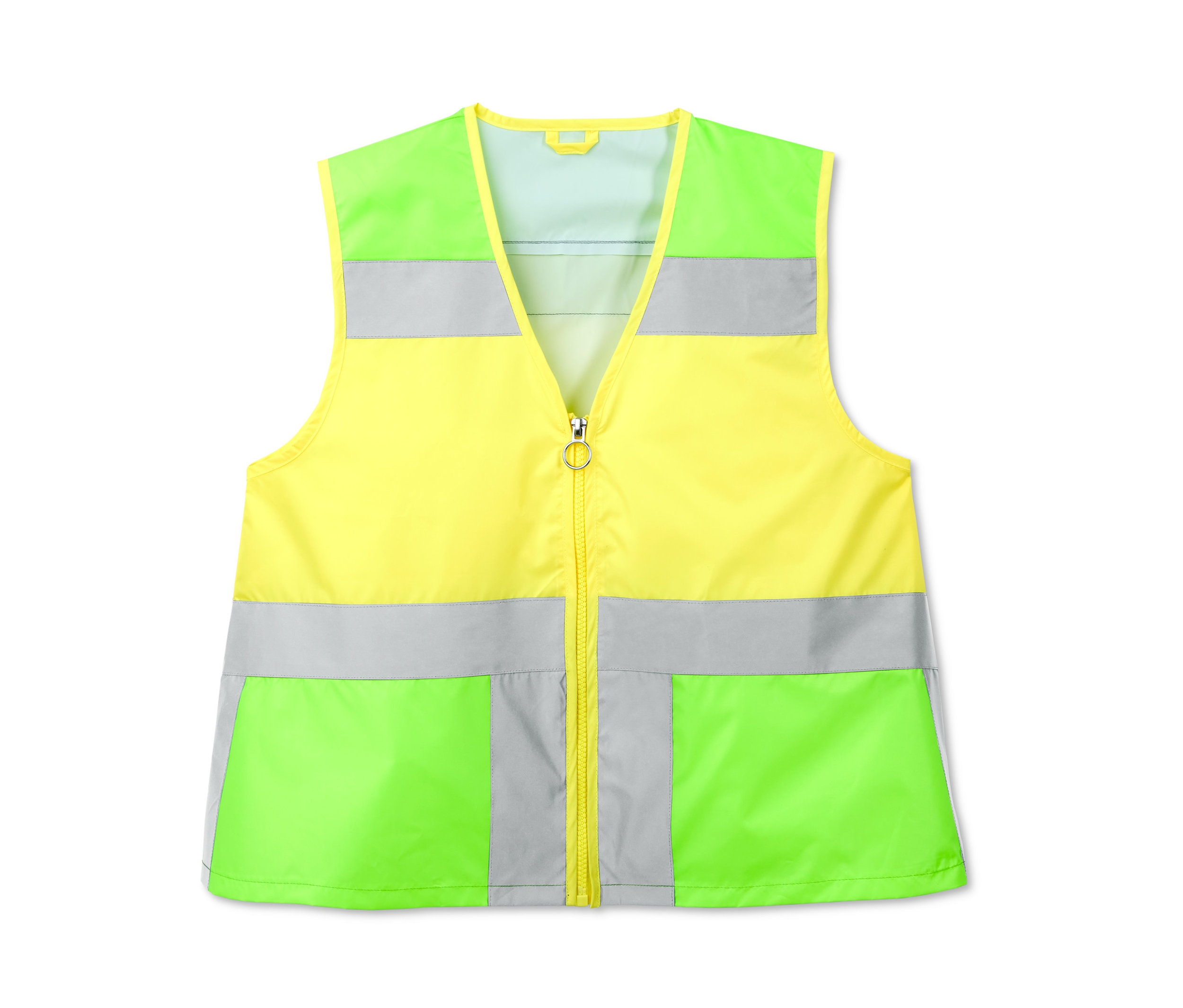 Gelb-grüne Kinder-Weste mit Reflektorstreifen und Reißverschluss in der Mitte.